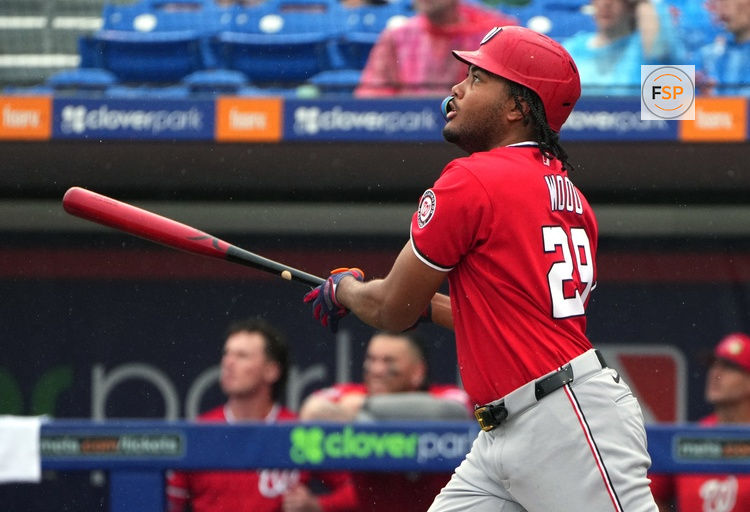 Feb 28, 2026; Port St. Lucie, Florida, USA;  Washington Nationals left fielder James Wood (29) flies out to deep center field in the first inning against the New York Mets at Clover Park. Credit: Jim Rassol-Imagn Images