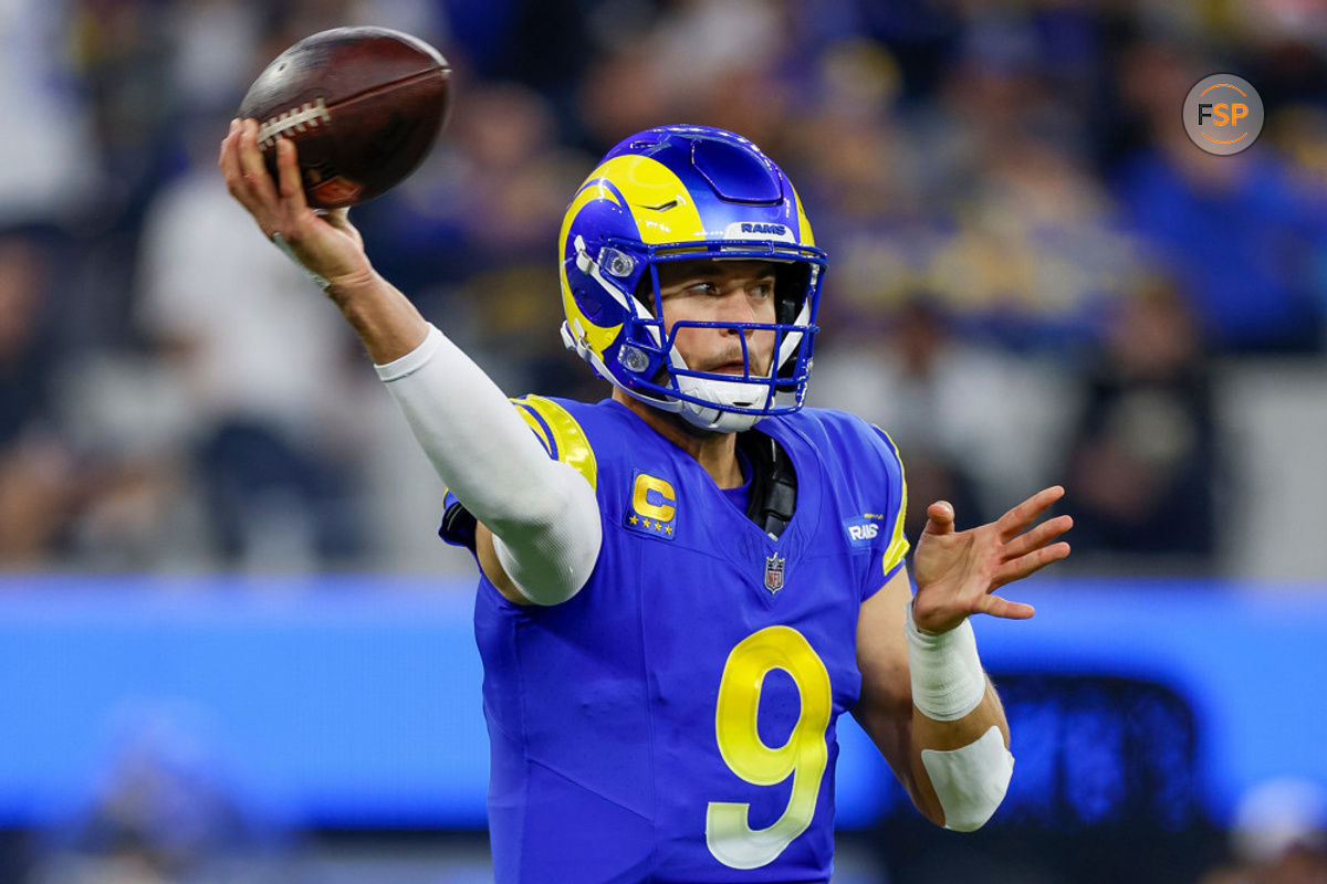 INGLEWOOD, CA - DECEMBER 21: Los Angeles Rams quarterback Matthew Stafford (9) passes the ball during an NFL regular season game between the New Orleans Saints and the Los Angeles Rams on December 21, 2023, at SoFi Stadium in Inglewood, CA. (Photo by Brandon Sloter/Icon Sportswire)