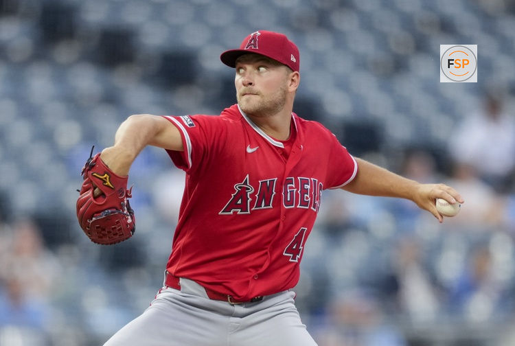 Apr 26, 2026; Kansas City, Missouri, USA; Los Angeles Angels pitcher Reid Detmers (48) pitches during the first inning against the Kansas City Royals at Kauffman Stadium. Credit: Jay Biggerstaff-Imagn Images