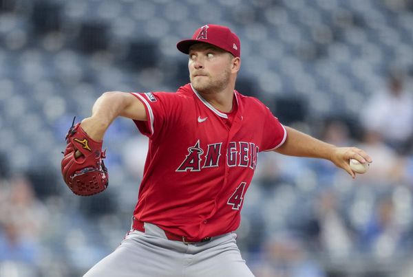 Apr 26, 2026; Kansas City, Missouri, USA; Los Angeles Angels pitcher Reid Detmers (48) pitches during the first inning against the Kansas City Royals at Kauffman Stadium. Mandatory Credit: Jay Biggerstaff-Imagn Images