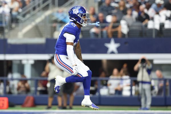 Sep 14, 2025; Arlington, Texas, USA; New York Giants wide receiver Wan'Dale Robinson (17) reacts after a catch against the Dallas Cowboys during the first quarter at AT&T Stadium. Mandatory Credit: Kevin Jairaj-Imagn Images