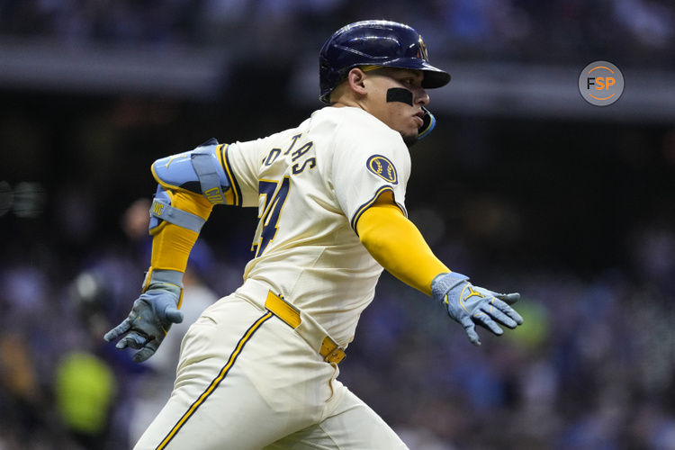 Aug 13, 2024; Milwaukee, Wisconsin, USA;  Milwaukee Brewers catcher William Contreras (24) during the game against the Los Angeles Dodgers at American Family Field. Credit: Jeff Hanisch-USA TODAY Sports