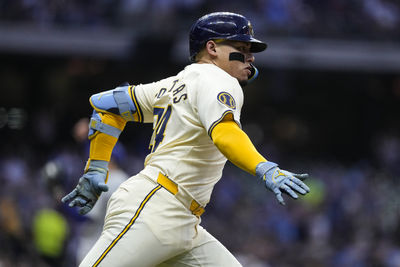 Aug 13, 2024; Milwaukee, Wisconsin, USA;  Milwaukee Brewers catcher William Contreras (24) during the game against the Los Angeles Dodgers at American Family Field. Mandatory Credit: Jeff Hanisch-USA TODAY Sports