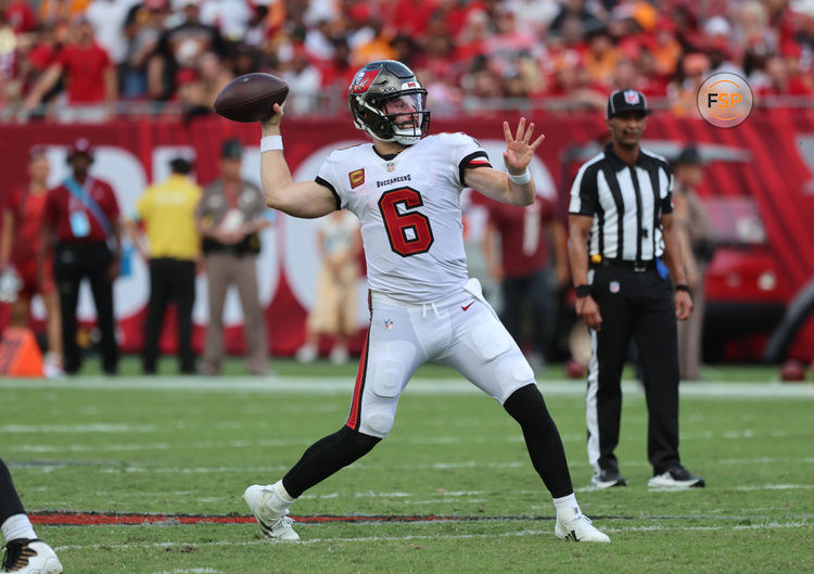 Sep 8, 2024; Tampa, Florida, USA;  Tampa Bay Buccaneers quarterback Baker Mayfield (6) throws the ball against the Washington Commanders during the second half at Raymond James Stadium. Credit: Kim Klement Neitzel-Imagn Images