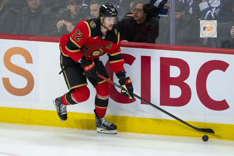 Mar 21, 2026; Ottawa, Ontario, CAN; Ottawa Senators defenseman Thomas Chabot (72) skates with the puck in the third period against. the Toronto Maple Leafs   at the Canadian Tire Centre. Credit: Marc DesRosiers-IMAGN Images