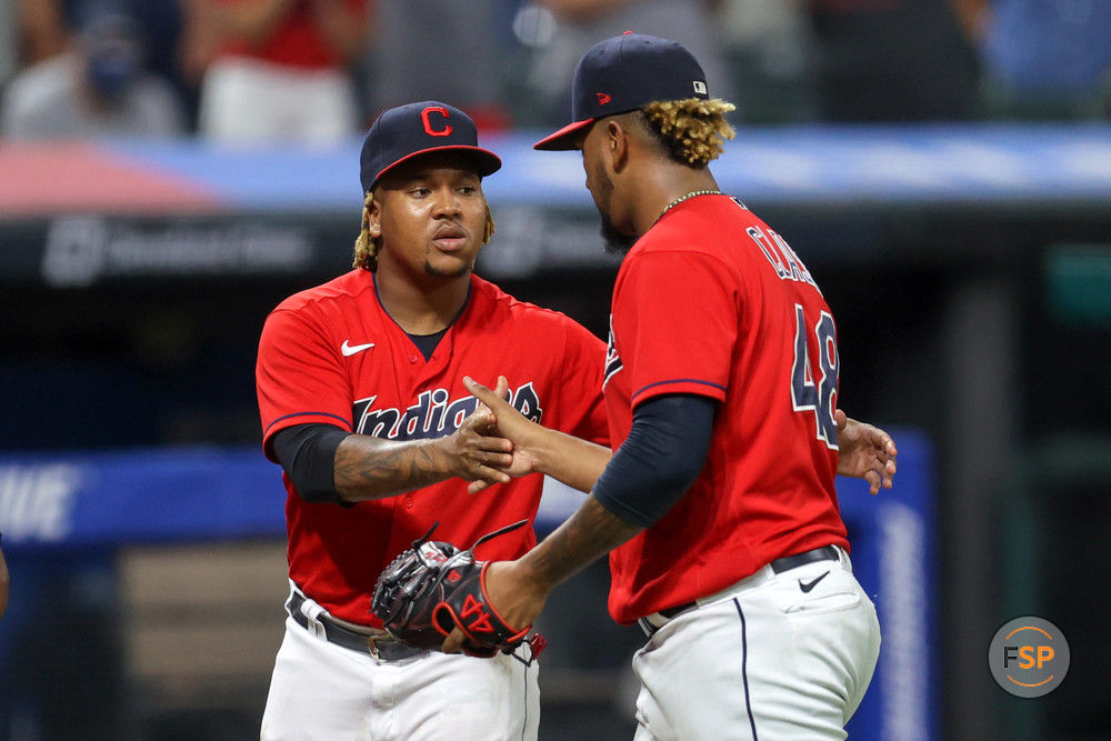 CLEVELAND, OH - AUGUST 06: Cleveland Indians designated hitter Jose Ramirez (11) and Cleveland Indians pitcher Emmanuel Clase (48) celebrate following the Major League Baseball game between the Detroit Tigers and Cleveland Indians on August 6, 2021, at Progressive Field in Cleveland, OH. (Photo by Frank Jansky/Icon Sportswire)