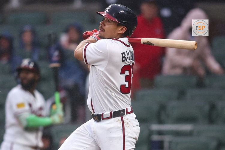 Jun 16, 2026; Atlanta, Georgia, USA; Atlanta Braves catcher Drake Baldwin (30) hits a home run against the San Francisco Giants in the first inning at Truist Park. Credit: Brett Davis-Imagn Images
