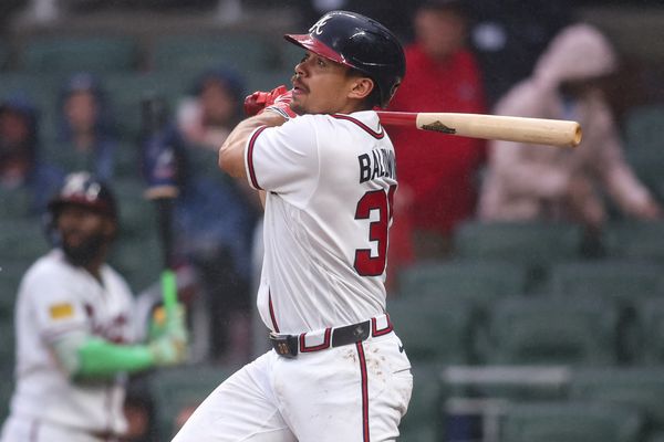 Jun 16, 2026; Atlanta, Georgia, USA; Atlanta Braves catcher Drake Baldwin (30) hits a home run against the San Francisco Giants in the first inning at Truist Park. Mandatory Credit: Brett Davis-Imagn Images
