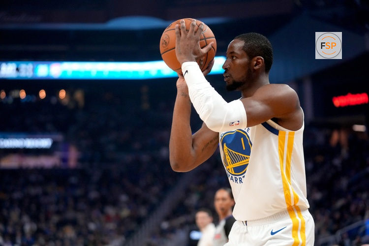 Dec 2, 2025; San Francisco, California, USA; Golden State Warriors forward Jonathan Kuminga (1) shoots the ball against the Oklahoma City Thunder in the first quarter at the Chase Center. Credit: Cary Edmondson-Imagn Images