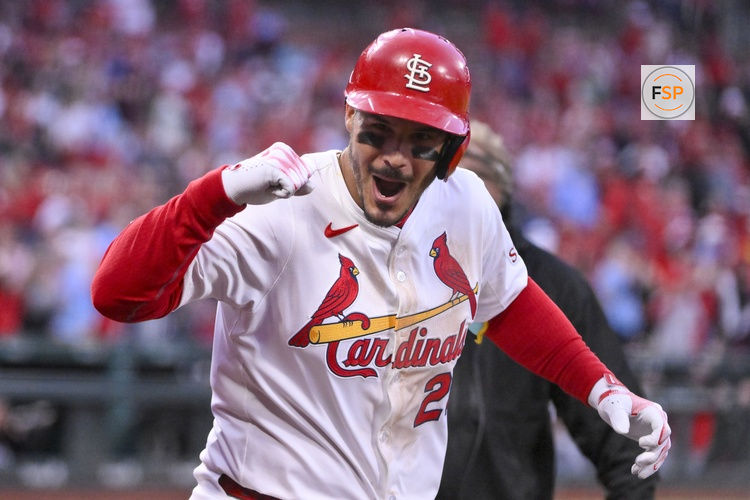 Mar 27, 2025; St. Louis, Missouri, USA;  St. Louis Cardinals third baseman Nolan Arenado (28) reacts after hitting a solo home run against the Minnesota Twins during the eighth inning at Busch Stadium. Credit: Jeff Curry-Imagn Images