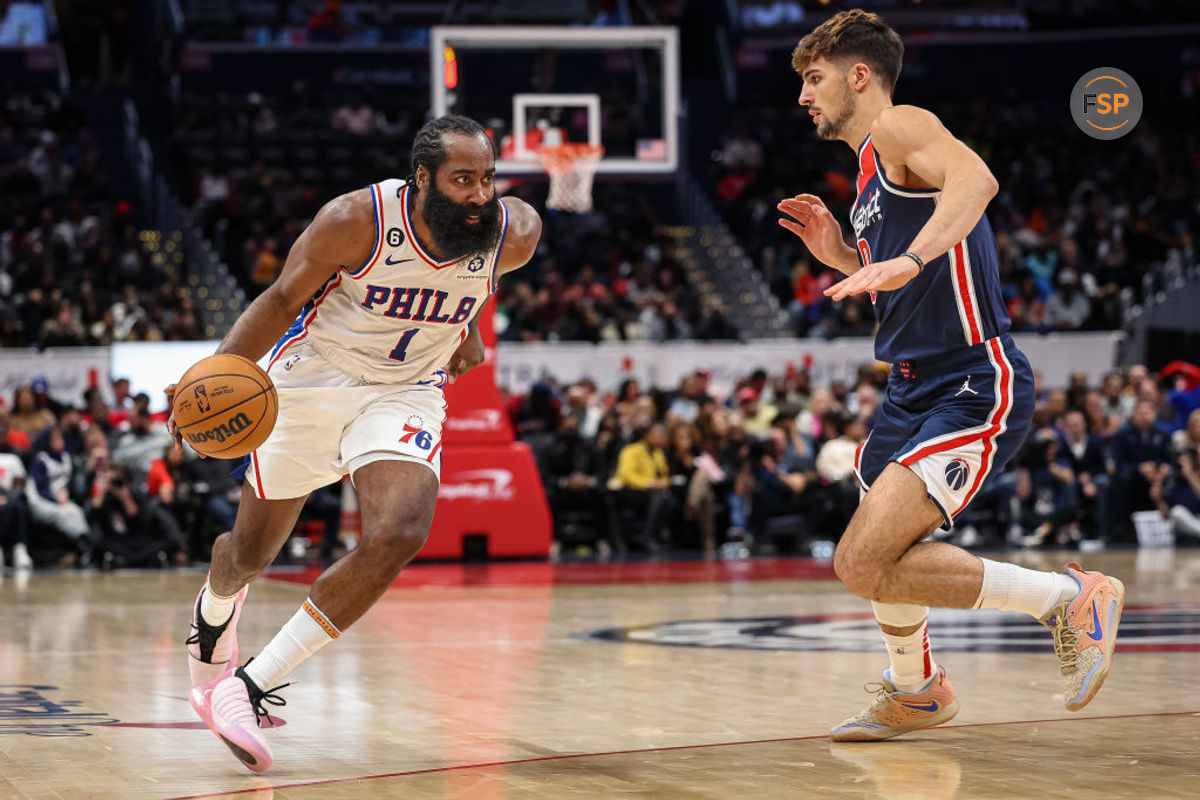 WASHINGTON, DC - OCTOBER 31: James Harden #1 of the Philadelphia 76ers brings the ball up court against Deni Avdija #9 of the Washington Wizards during the first half at Capital One Arena on October 31, 2022 in Washington, DC. NOTE TO USER: User expressly acknowledges and agrees that, by downloading and or using this photograph, User is consenting to the terms and conditions of the Getty Images License Agreement. (Photo by Scott Taetsch/Getty Images)