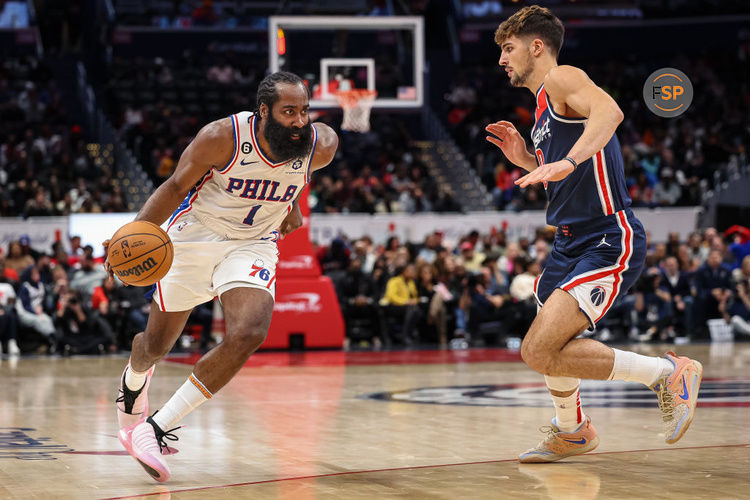 WASHINGTON, DC - OCTOBER 31: James Harden #1 of the Philadelphia 76ers brings the ball up court against Deni Avdija #9 of the Washington Wizards during the first half at Capital One Arena on October 31, 2022 in Washington, DC. NOTE TO USER: User expressly acknowledges and agrees that, by downloading and or using this photograph, User is consenting to the terms and conditions of the Getty Images License Agreement. (Photo by Scott Taetsch/Getty Images)