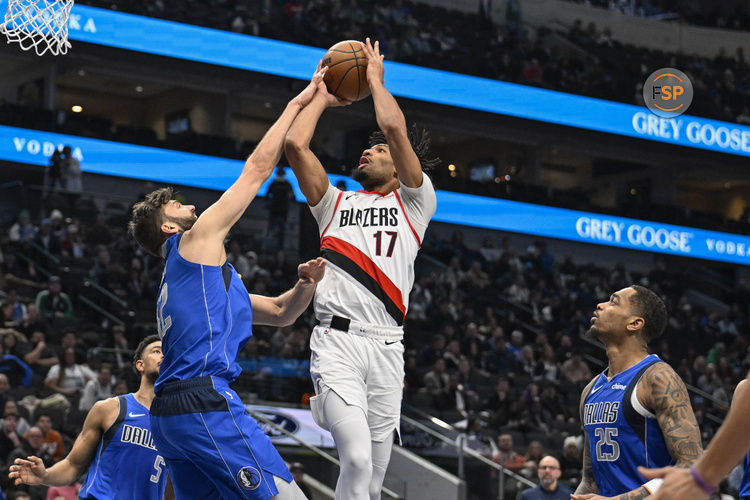 Jan 9, 2025; Dallas, Texas, USA; Portland Trail Blazers guard Shaedon Sharpe (17) is fouled by Dallas Mavericks forward Maxi Kleber (42) as he makes a basket during the second quarter at the American Airlines Center. Credit: Jerome Miron-Imagn Images