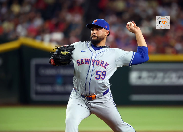 Aug 27, 2024; Phoenix, Arizona, USA; New York Mets pitcher Sean Manaea in the third inning against the Arizona Diamondbacks at Chase Field. Credit: Mark J. Rebilas-USA TODAY Sports