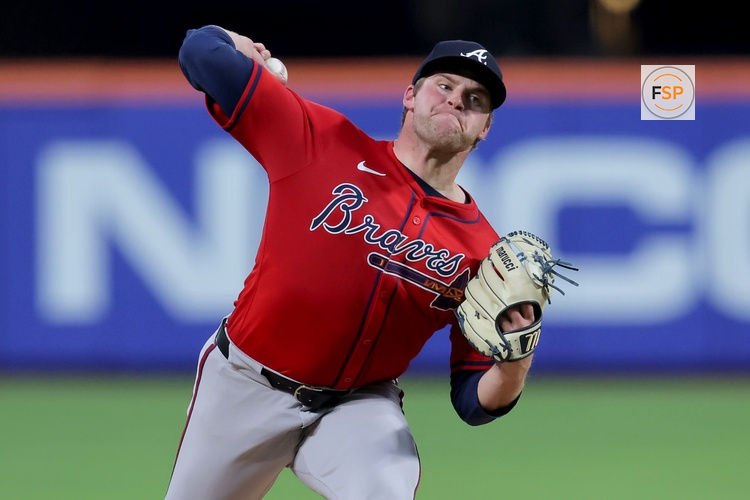Aug 14, 2025; New York City, New York, USA; Atlanta Braves starting pitcher Bryce Elder (55) pitches against the New York Mets during the third inning at Citi Field. Credit: Brad Penner-Imagn Images