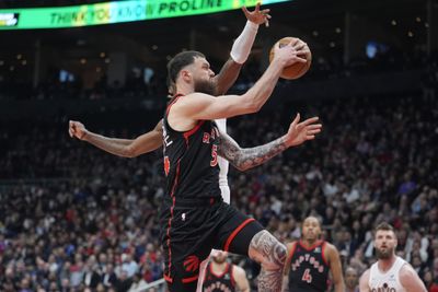 Apr 23, 2026; Toronto, Ontario, CAN; Toronto Raptors forward Sandro Mamukelashvili (54) goes to pass the ball against the Cleveland Cavaliers during the first half of game three of the first round of the 2026 NBA Playoffs at Scotiabank Arena. Mandatory Credit: John E. Sokolowski-Imagn Images
