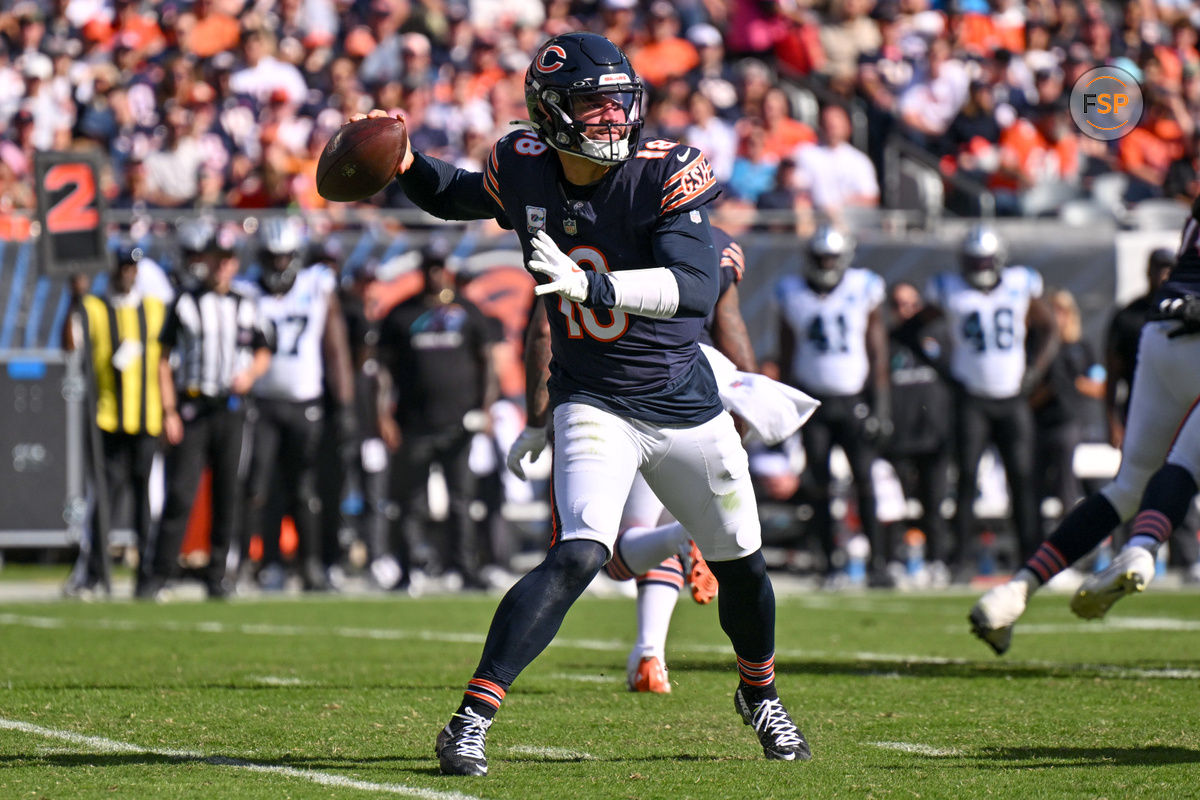 Oct 6, 2024; Chicago, Illinois, USA; Chicago Bears quarterback Caleb Williams (18) passes the ball against the Carolina Panthers during the third quarter at Soldier Field. Credit: Daniel Bartel-Imagn Images