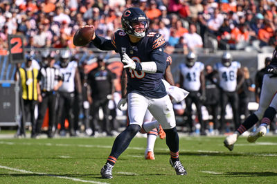 Oct 6, 2024; Chicago, Illinois, USA; Chicago Bears quarterback Caleb Williams (18) passes the ball against the Carolina Panthers during the third quarter at Soldier Field. Mandatory Credit: Daniel Bartel-Imagn Images