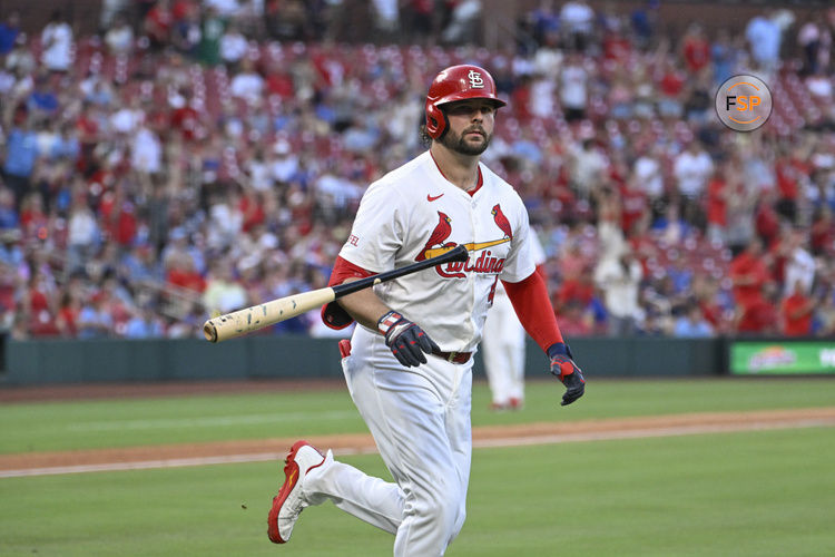 Jun 23, 2025; St. Louis, Missouri, USA; St. Louis Cardinals right fielder Alec Burleson (41) tosses his bat after hitting a two-run home run against the Chicago Cubs in the fifth inning at Busch Stadium. Credit: Joe Puetz-Imagn Images
