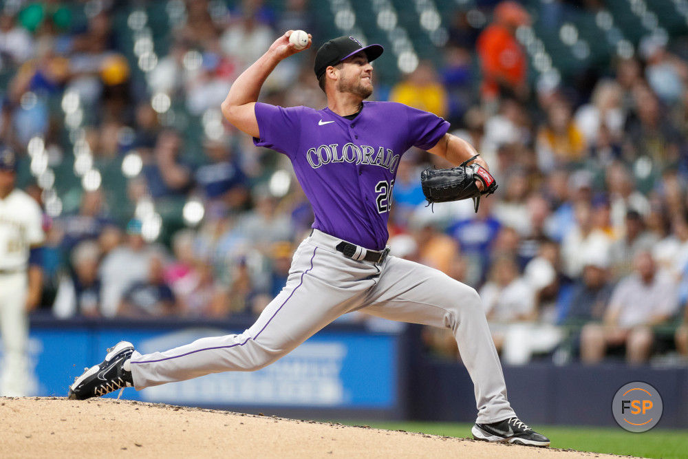 MILWAUKEE, WI - AUGUST 07: Colorado Rockies starting pitcher Peter Lambert (20) throws to the plate in the third inning during a regular season game between the Colorado Rockies and Milwaukee Brewers on August 07, 2023 at American Family Field in Milwaukee, WI. (Photo by Brandon Sloter/Icon Sportswire)
