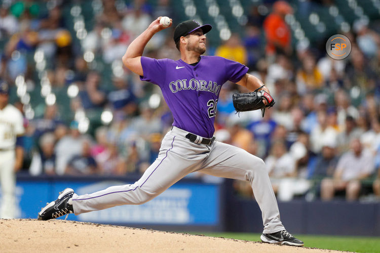 MILWAUKEE, WI - AUGUST 07: Colorado Rockies starting pitcher Peter Lambert (20) throws to the plate in the third inning during a regular season game between the Colorado Rockies and Milwaukee Brewers on August 07, 2023 at American Family Field in Milwaukee, WI. (Photo by Brandon Sloter/Icon Sportswire)