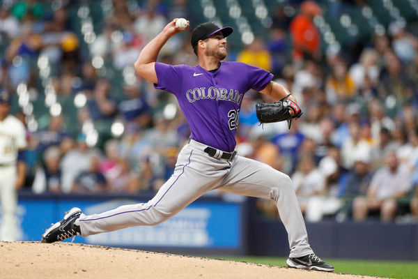 MILWAUKEE, WI - AUGUST 07: Colorado Rockies starting pitcher Peter Lambert (20) throws to the plate in the third inning during a regular season game between the Colorado Rockies and Milwaukee Brewers on August 07, 2023 at American Family Field in Milwaukee, WI. (Photo by Brandon Sloter/Icon Sportswire)