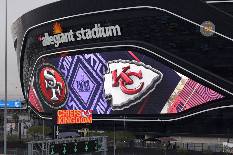 LAS VEGAS, NV - FEBRUARY 05: A general view of Allegiant Stadium prior to the Super Bowl LVIII Opening Night presented by Gatorade featuring the AFC Champions Kansas City Chiefs and the NFC Champions San Francisco 49ers on Monday, Feb. 5, 2024, in Las Vegas, Nevada. (Photo by Marc Sanchez/Icon Sportswire)