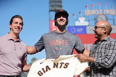 Jul 26, 2023; San Francisco, California, USA; San Francisco Giants general manager Pete Putila, first round draft pick Bryce Eldridge, and president of baseball operations Farhan Zaidi pose for a photo before the game against the Oakland Athletics at Oracle Park. Mandatory Credit: Sergio Estrada-USA TODAY Sports
