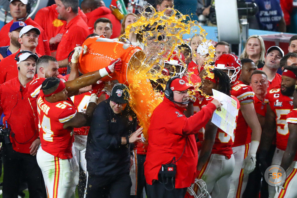 MIAMI GARDENS, FL - FEBRUARY 02:  Kansas City Chiefs Head Coach Andy Reid gets gatorade poured on him after winning Super Bowl LIV on February 2, 2020 at Hard Rock Stadium in Miami Gardens, FL.  (Photo by Rich Graessle/PPI/Icon Sportswire)