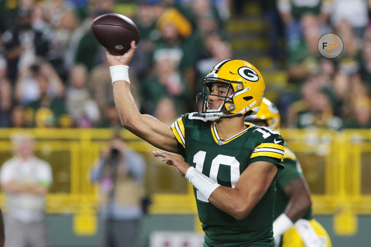 GREEN BAY, WI - SEPTEMBER 28:  Green Bay Packers quarterback Jordan Love (10) passes during a game between the Green Bay Packers and the Detroit Lions on September 28, 2023 at Lambeau Field in Green Bay, WI. (Photo by Larry Radloff/Icon Sportswire)