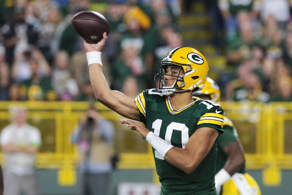 GREEN BAY, WI - SEPTEMBER 28:  Green Bay Packers quarterback Jordan Love (10) passes during a game between the Green Bay Packers and the Detroit Lions on September 28, 2023 at Lambeau Field in Green Bay, WI. (Photo by Larry Radloff/Icon Sportswire)