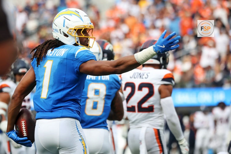 Sep 21, 2025; Inglewood, California, USA; Los Angeles Chargers wide receiver Quentin Johnston (1) reacts after a play during the second half against the Denver Broncos at SoFi Stadium. Credit: William Navarro-Imagn Images