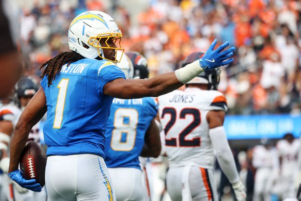 Sep 21, 2025; Inglewood, California, USA; Los Angeles Chargers wide receiver Quentin Johnston (1) reacts after a play during the second half against the Denver Broncos at SoFi Stadium. Mandatory Credit: William Navarro-Imagn Images