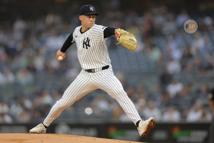 Jun 17, 2025; Bronx, New York, USA; New York Yankees starting pitcher Will Warren (98) pitches against the Los Angeles Angels during the first inning at Yankee Stadium. Credit: Brad Penner-Imagn Images