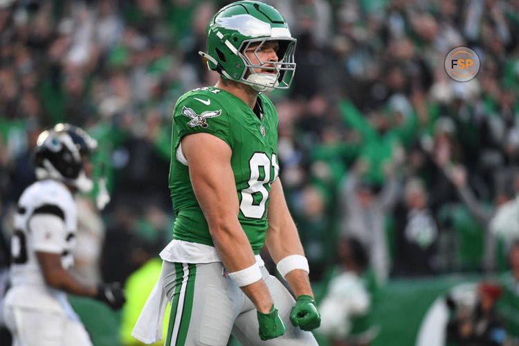 Nov 3, 2024; Philadelphia, Pennsylvania, USA; Philadelphia Eagles tight end Grant Calcaterra (81) celebrates a touchdown against the Jacksonville Jaguars at Lincoln Financial Field. Credit: Eric Hartline-Imagn Images