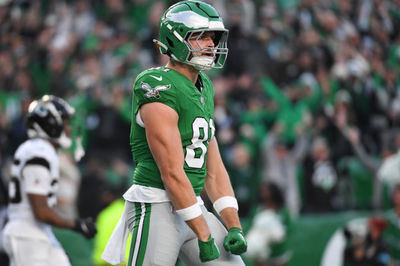 Nov 3, 2024; Philadelphia, Pennsylvania, USA; Philadelphia Eagles tight end Grant Calcaterra (81) celebrates a touchdown against the Jacksonville Jaguars at Lincoln Financial Field. Mandatory Credit: Eric Hartline-Imagn Images