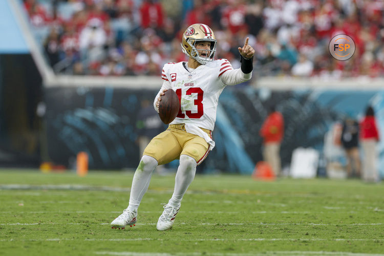 JACKSONVILLE, FL - NOVEMBER 12: San Francisco 49ers quarterback Brock Purdy (13) throws a pass during the game between the San Francisco 49ers and theJacksonville Jaguars on November 12, 2023 at  EverBank Stadium in Jacksonville, Florida. (Photo by David Rosenblum/Icon Sportswire)