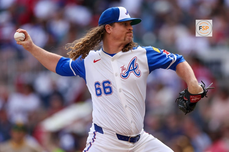 May 24, 2025; Atlanta, Georgia, USA; Atlanta Braves starting pitcher Grant Holmes (66) throws against the San Diego Padres in the sixth inning at Truist Park. Credit: Brett Davis-Imagn Images