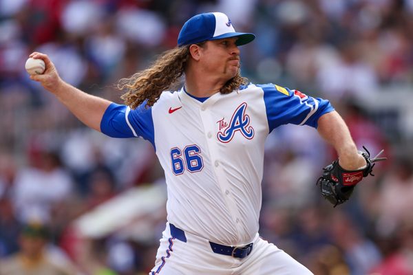 May 24, 2025; Atlanta, Georgia, USA; Atlanta Braves starting pitcher Grant Holmes (66) throws against the San Diego Padres in the sixth inning at Truist Park. Mandatory Credit: Brett Davis-Imagn Images