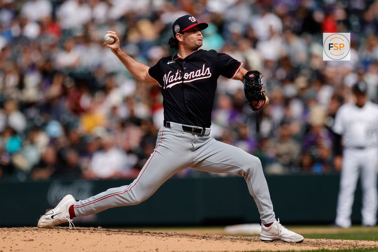 Apr 20, 2025; Denver, Colorado, USA; Washington Nationals relief pitcher Kyle Finnegan (67) pitches in the ninth inning against the Colorado Rockies at Coors Field. Credit: Isaiah J. Downing-Imagn Images