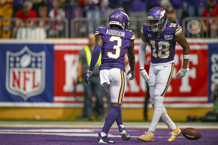 MINNEAPOLIS, MN - SEPTEMBER 10: Minnesota Vikings wide receiver Jordan Addison (3) celebrates his 39-yard touchdown reception with Minnesota Vikings wide receiver Justin Jefferson (18) during the second quarter of an NFL game between the Minnesota Vikings and Tampa Bay Buccaneers  on September 10, 2023, at U.S. Bank Stadium in Minneapolis, MN. (Photo by Nick Wosika/Icon Sportswire)