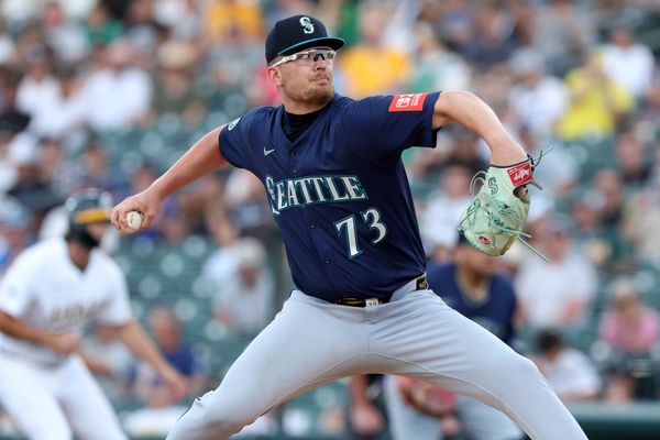 Jul 29, 2025; West Sacramento, California, USA; Seattle Mariners starting pitcher Logan Evans (73) throws a pitch against the Athletics during the first inning at Sutter Health Park. Mandatory Credit: Dennis Lee-Imagn Images