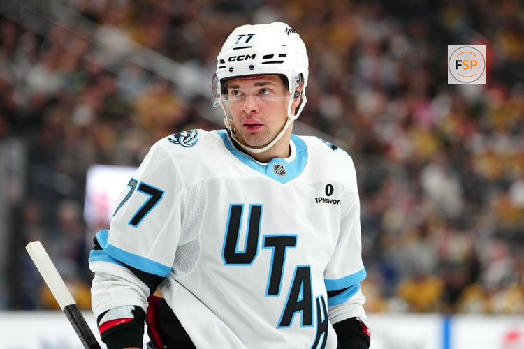 Apr 19, 2026; Las Vegas, Nevada, USA; Utah Mammoth right wing JJ Peterka (77) awaits a face off against the Vegas Golden Knights during the second period of game one of the first round of the 2026 Stanley Cup Playoffs at T-Mobile Arena. Credit: Stephen R. Sylvanie-Imagn Images