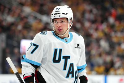 Apr 19, 2026; Las Vegas, Nevada, USA; Utah Mammoth right wing JJ Peterka (77) awaits a face off against the Vegas Golden Knights during the second period of game one of the first round of the 2026 Stanley Cup Playoffs at T-Mobile Arena. Mandatory Credit: Stephen R. Sylvanie-Imagn Images