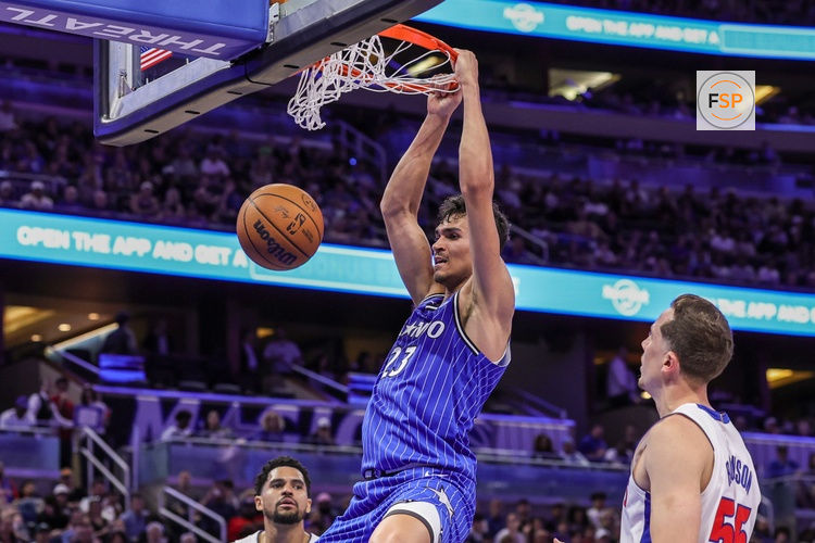 Mar 1, 2026; Orlando, Florida, USA; Orlando Magic forward Tristan da Silva (23) dunks during the second half against the Detroit Pistons at Kia Center. Credit: Mike Watters-Imagn Images