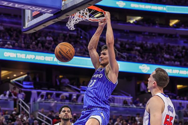 Mar 1, 2026; Orlando, Florida, USA; Orlando Magic forward Tristan da Silva (23) dunks during the second half against the Detroit Pistons at Kia Center. Mandatory Credit: Mike Watters-Imagn Images