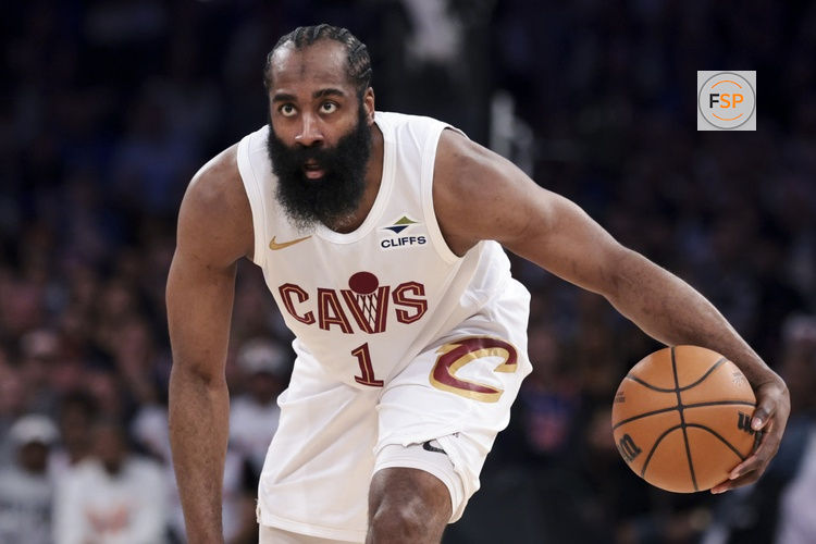 May 21, 2026; New York, New York, USA; Cleveland Cavaliers guard James Harden (1) controls the ball against the New York Knicks during the second quarter of game two of the eastern conference finals of the 2026 NBA playoffs at Madison Square Garden. Credit: Vincent Carchietta-Imagn Images