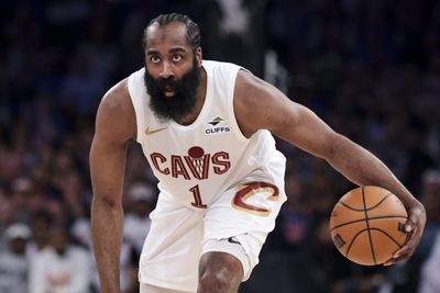 May 21, 2026; New York, New York, USA; Cleveland Cavaliers guard James Harden (1) controls the ball against the New York Knicks during the second quarter of game two of the eastern conference finals of the 2026 NBA playoffs at Madison Square Garden. Mandatory Credit: Vincent Carchietta-Imagn Images