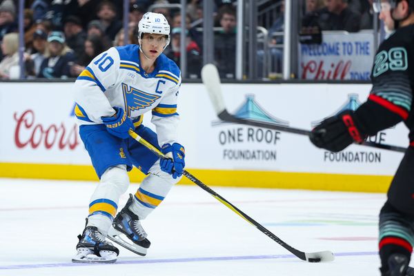 Mar 4, 2026; Seattle, Washington, USA; St. Louis Blues center Brayden Schenn (10) looks to shoot in the first period against the Seattle Kraken at Climate Pledge Arena. Mandatory Credit: Kevin Ng-Imagn Images