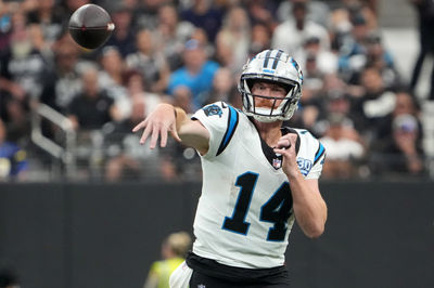 Sep 22, 2024; Paradise, Nevada, USA; Carolina Panthers quarterback Andy Dalton (14) throws the ball against the Las Vegas Raiders in the second half at Allegiant Stadium. Mandatory Credit: Kirby Lee-Imagn Images